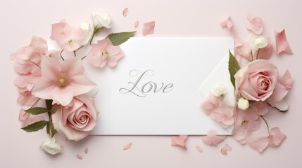 Elegant card with flowers, "Love" text, ideal for spring events. Valentine's Day, wedding card, greeting card.