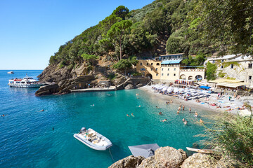 Beautiful bay at the famous monastery “San Fruttuoso” in Liguria in Italy - obrazy, fototapety, plakaty