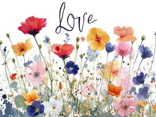 Captivating card with flowers, "Love" text, perfect for spring decor. Valentine's day, wedding card, greeting card, watercolor image.