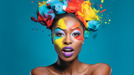 Colorful banner with beautiful Black woman face with artistic makeup and paint splashes. Beauty fashion cosmetics interior decor concept