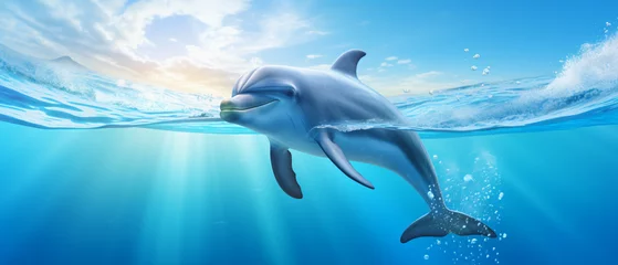 Rolgordijnen Beautiful dolphin swimming in a clear blue sea © Abdulmueed