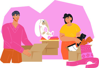 Family organizes the move and pack their belongings, flat illustration. Moving into or out of house. Relocation help.