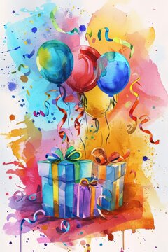 Cheerful watercolor image showcasing a festive arrangement of balloons and gift boxes for cards.