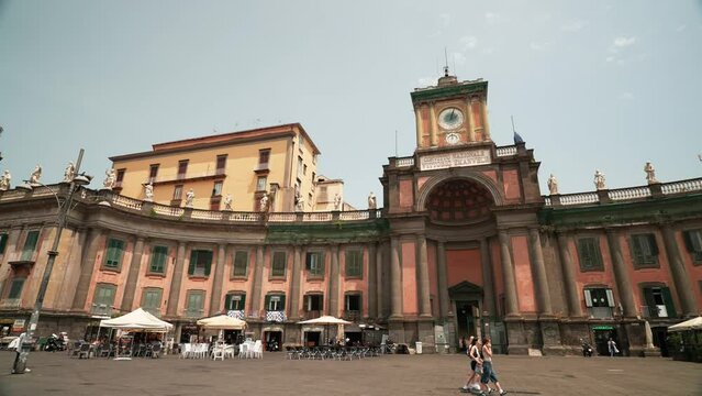 Naples, Italy - August 2, 2023 - Piazza Dante, Dante Square with bookshop and traditional palace in the historical center of Naples Italy, Timelapse, hyperlapse, Vittorio Emmanuelle historic building 