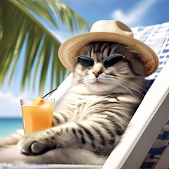 A cute cat in a summer panama hat holds an orange cocktail in his paws and lies on a sun lounger under a palm tree. Summer holiday concept. Beach holiday.