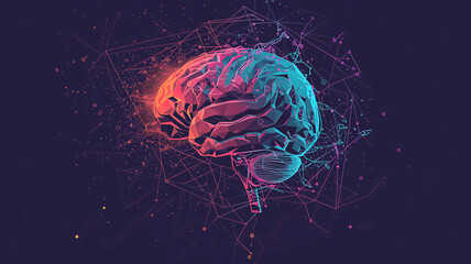 Minimalist AI Brain Illustration: Neural Network in an Abstract, Colorful Design