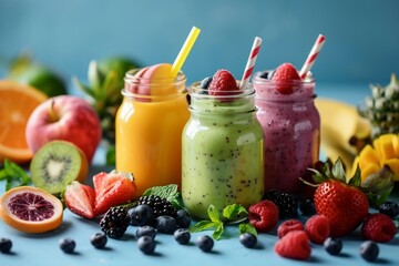 Summer colorful fruit smoothies in jars on blue background