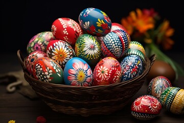Festive display of Easter eggs in bright colors, featuring playful patterns such as polka dots and stripes, perfect for the holiday celebration