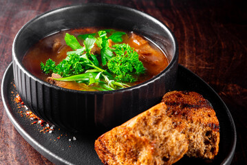 Shurpa soup with lamb meat in bowl