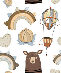 A pattern with a vintage balloon, a rainbow, a bear in chocolate-pastel colors. Vector on a white background
