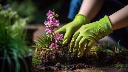 Transplant orchids. Female hands in gloves close-up. Home gardening, breeding of orchids