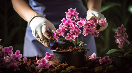 Transplant orchids. Female hands in gloves close-up. Home gardening, breeding of orchids. - 702263309