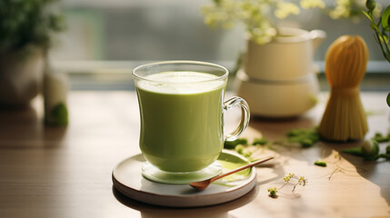 glass of delicious matcha latte on the table. selective focus - obrazy, fototapety, plakaty