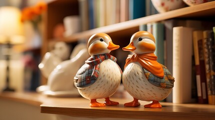Close up two Chinese mandarin ducks figurines in love on a shelf as a symbol of affection and devotion - Powered by Adobe
