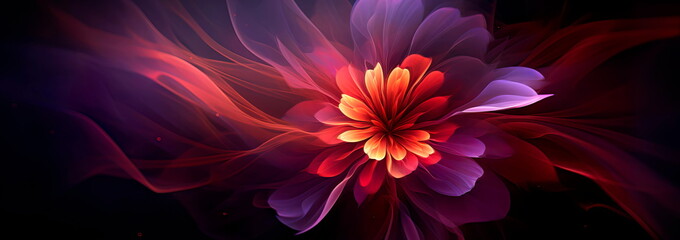 flower bloom with a gradient of vibrant purple, red, yellow, and orange tones against a dark