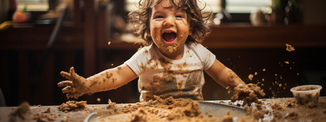 a happy child makes a mess at mealtime. The concept of self-feeding.