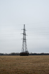 High-voltage direct current transmission. High voltage structures in the open field. Electric power line