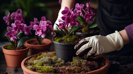 Transplant orchids. Female hands in gloves close-up. Home gardening, breeding of orchids. - 702263563