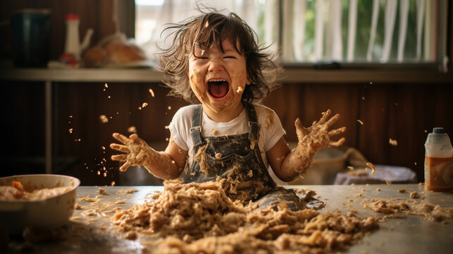 a happy child makes a mess at mealtime. The concept of self-feeding.