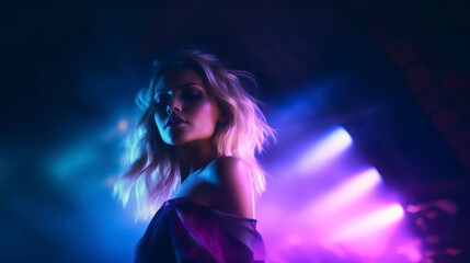 charming blonde against the backdrop of neon lighting of a nightclub