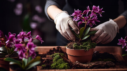 Transplant orchids. Female hands in gloves close-up. Home gardening, breeding of orchids. - 702263743