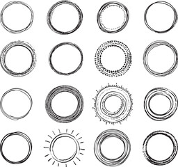 Handdrawn doodle grunge circle highlights. Charcoal pen round ovals. Marker scratch scribble inrounder. Round scrawl frames. Vector illustration of freehand painted circular