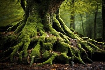 Ancient tree roots delving into the forest soil, background wallpaper