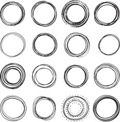Handdrawn doodle grunge circle highlights. Charcoal pen round ovals. Marker scratch scribble inrounder. Round scrawl frames. Vector illustration of freehand painted circular