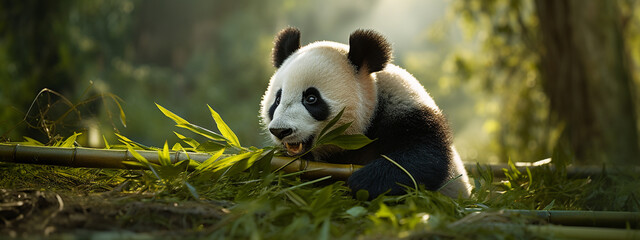 panda eats bamboo leaves during the day.nature - obrazy, fototapety, plakaty