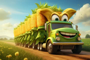 Fotobehang A cheerful green animated truck is carrying corn © Ala