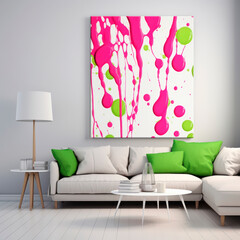 Minimalist interior modern living room with bright abstract painting, gray sofa, simple furniture and clean lines. On white background of the painting are bright splashes of pink, lime green colors