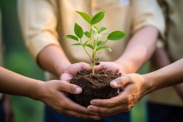 Close-up of hands nurturing and planting a young tree in fertile soil, with the morning sun shining brightly.