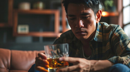 Health care alcoholism drunk, fatigue asian young man hand holding glass of whiskey, alone depressed male drink booze on sofa at home. Treatment of alcohol addiction, suffer abuse problem alcoholism. - obrazy, fototapety, plakaty
