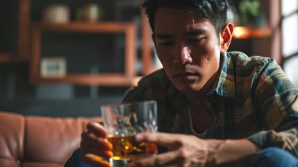 Foto op Plexiglas Health care alcoholism drunk, fatigue asian young man hand holding glass of whiskey, alone depressed male drink booze on sofa at home. Treatment of alcohol addiction, suffer abuse problem alcoholism. © Lakkhana