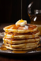 delicious juicy pancakes with butter and honey on a dark background.