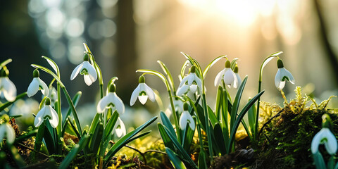 Sunlit Snowdrops Emerging in Spring, Gentle White Flowers Against Soft Green Background, Symbol of New Beginnings and Hope