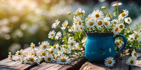 Charming Daisy Flowers in Blue Mug on Wooden Table with Blurry Meadow Background, Concept of Rustic Summer Bloom and Freshness