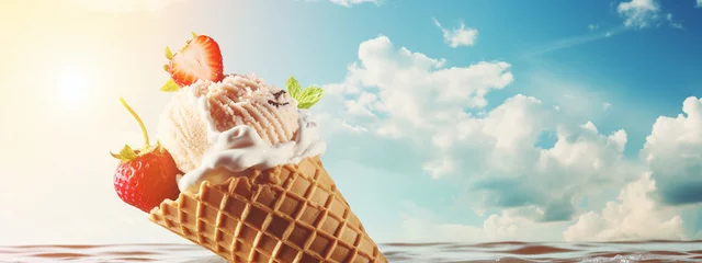 Foto auf Alu-Dibond Appetizing delicious ice cream on the background of a bright sky © Anna