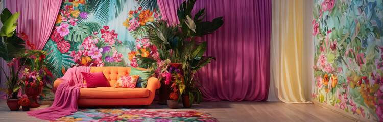 Fototapeta na wymiar Interior living room in tropical theme, bright sofa with floral pattern and pink cushions, lush greenery and blooming flowers, dense curtains. A cozy place of relaxation. Banner. Copy space