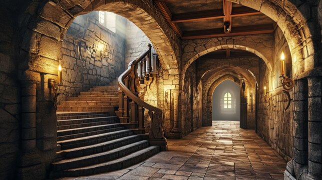 medieval castle hallway with stairs