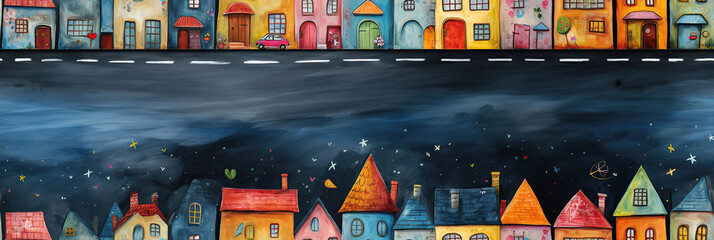 seamless pattern with colorful children's drawing of houses in a fairytale city on blue blackboard background