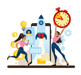 People are rushing to launch a rocket as a rapid business development. Fast business development and a successful start. Vector illustration in cartoon style