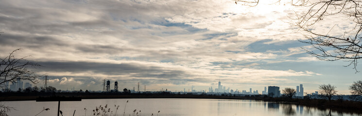 Fototapeta na wymiar North Arlington New Jersey December 29 2023: NYC WTC tower skyline