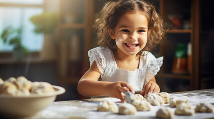 Portrait of smiling cute little girl preparing cookies for baking. Baking concept. - obrazy, fototapety, plakaty