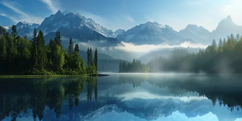 Crédence de cuisine en verre imprimé Bleu panorama of mountain lake in the morning