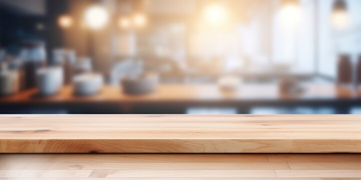 Wood table with blur background at kitchen room.