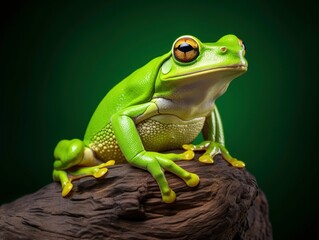 A green frog in on the rock.