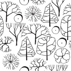 seamless pattern of trees, hand drawing, frontal view. architectural ink drawing, vector.