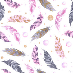 Seamless pattern with isolated pink and purple violet, lilac and bubbles watercolor feathers. Hand painted colorful feathers. Tribal boho aztec background perfect for textile