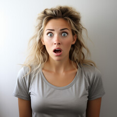 woman in a tshirt being scared, portrait view, ultra-realistic view, white empty background
